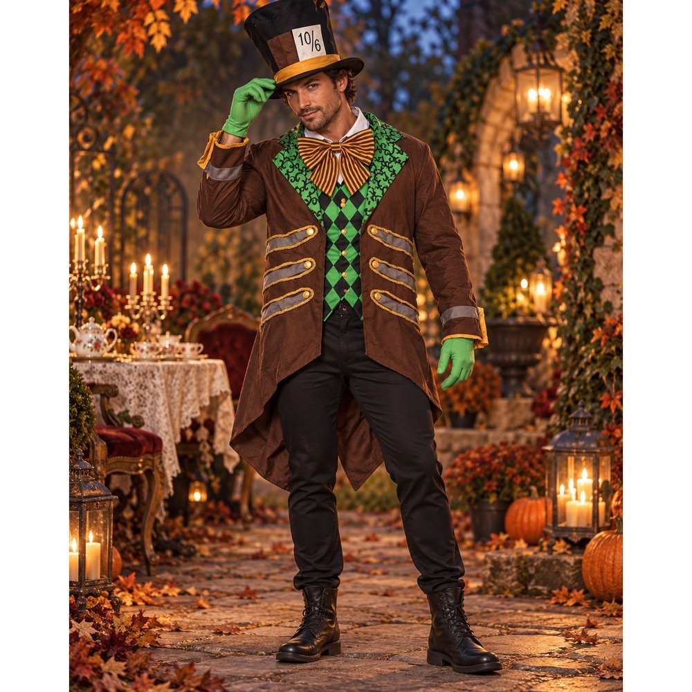 Classic Mad Hatter Costume Mens XL Brown Green 5-PC Jacket Vest Bow Tie Hat Set